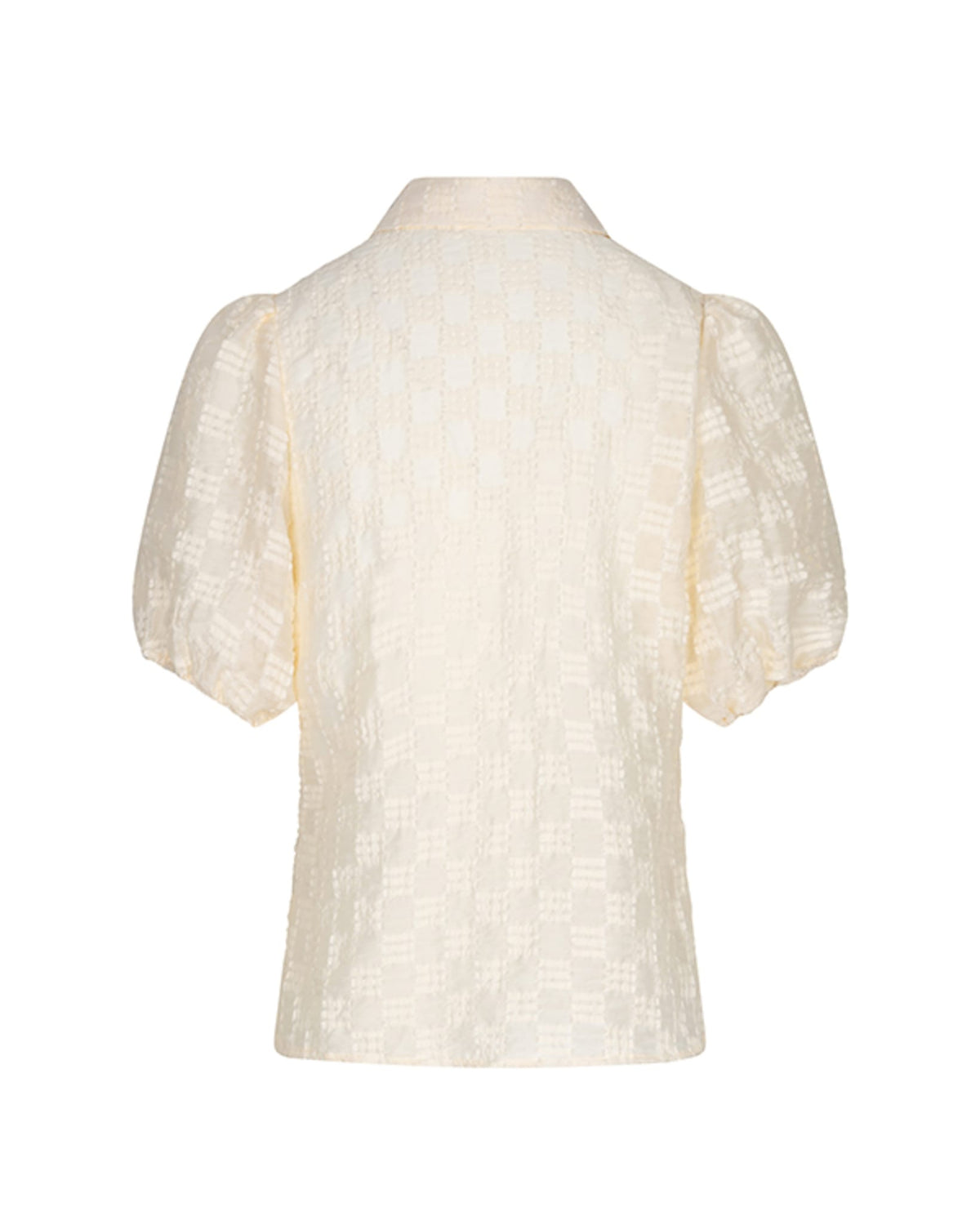 Rear view of the cream BlouseHilly-CreamRH04_2 featuring a textured checkered pattern and short puff sleeves.