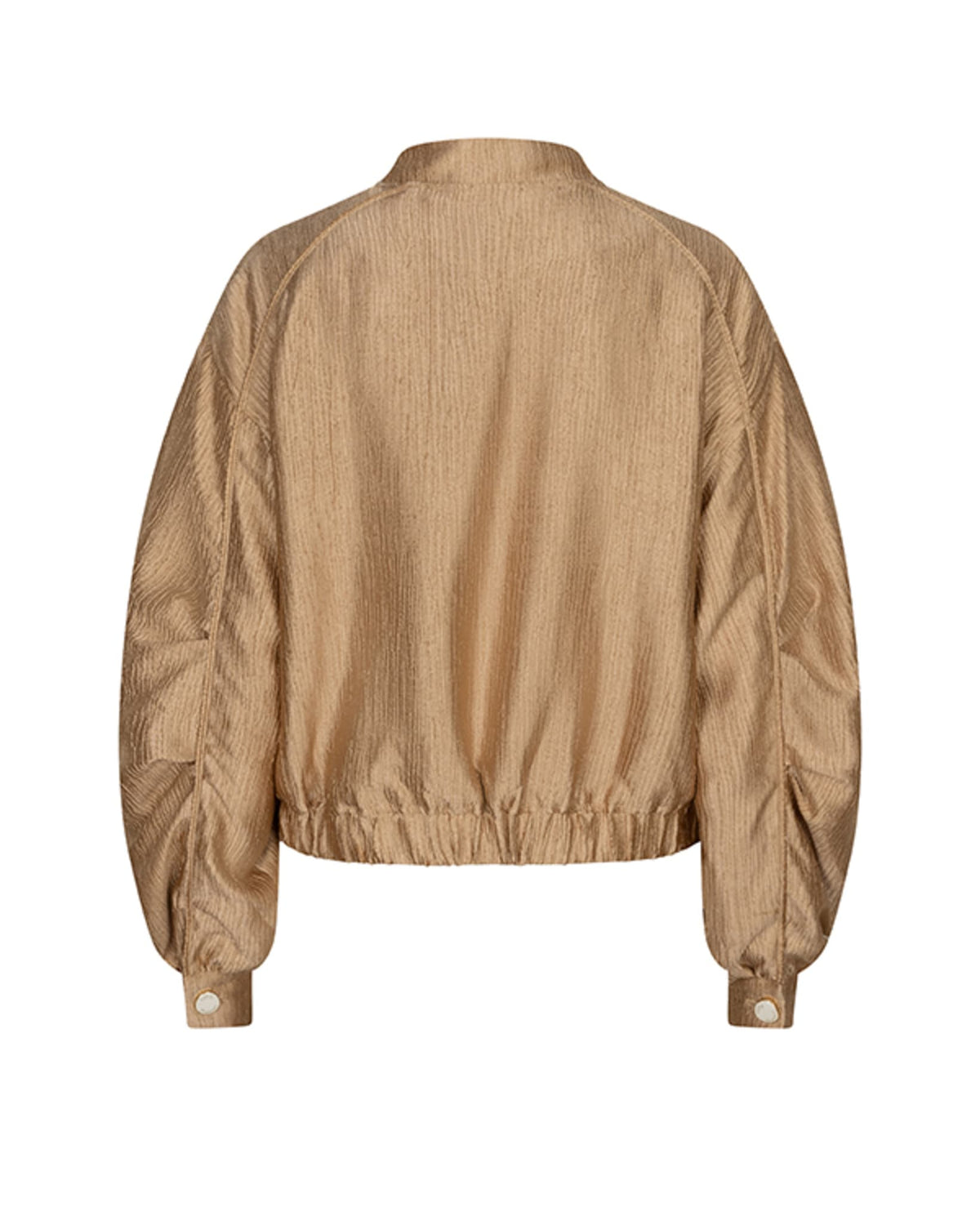 Rear view of the JacketZionaRG56-CaramelRG562 featuring puffed sleeves, gathered cuffs, and a gathered hem.