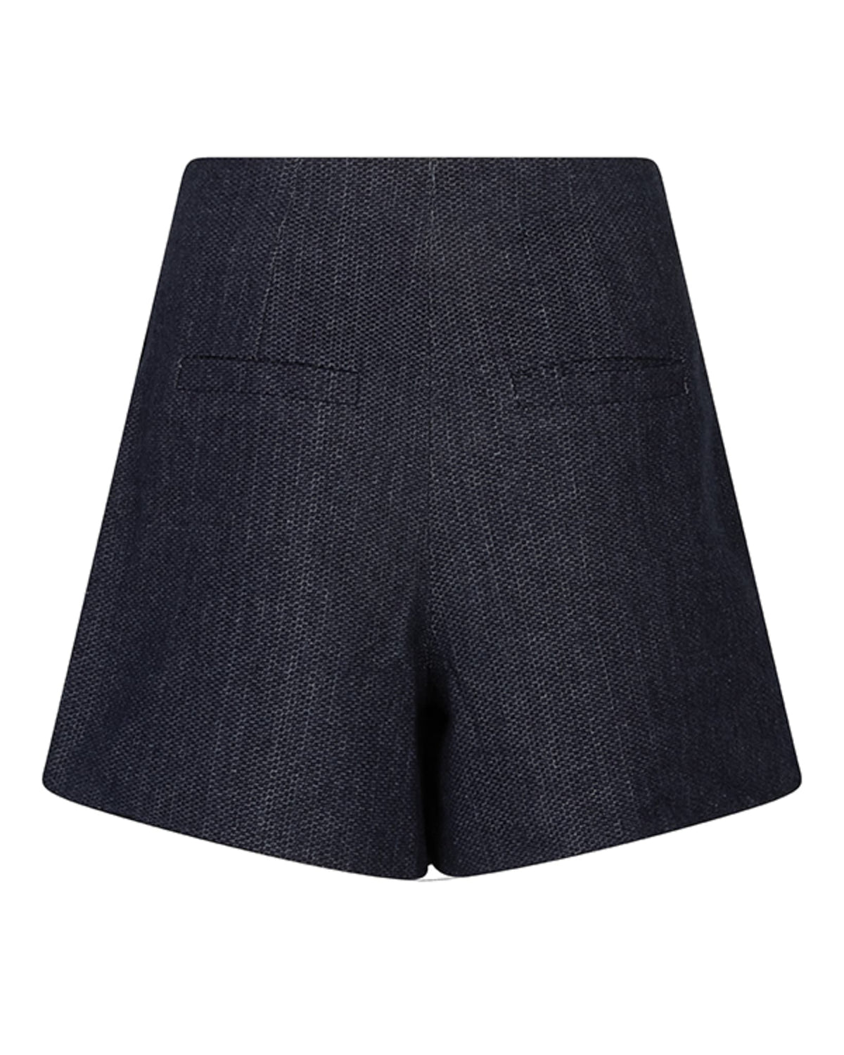 Rear view of the SkortBowieRG55-MidBlue_2 showing its textured dark blue fabric and welt pocket details.