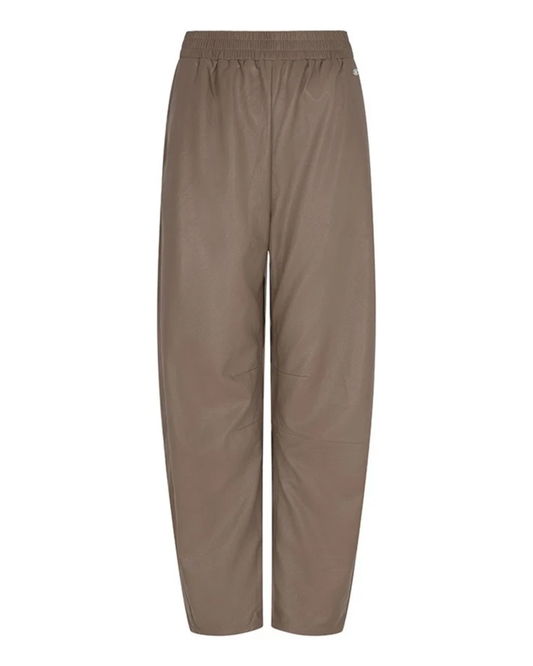 Brown faux leather barrel trousers with an elastic waistband shown in UntitledDesign_10.